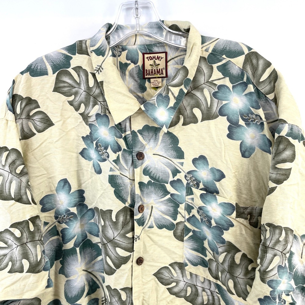 Tommy Bahama Silk‎ Button Down Camp Shirt Mens XXL Cream Green Floral